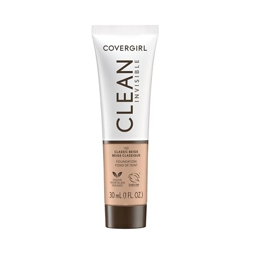 COVERGIRL Clean Invisible Foundation Makeup, Dewy & Glowy Natural Finish, Buildable Coverage, Skin-Like Smooth Look, Vegan, Classic Beige, 1oz