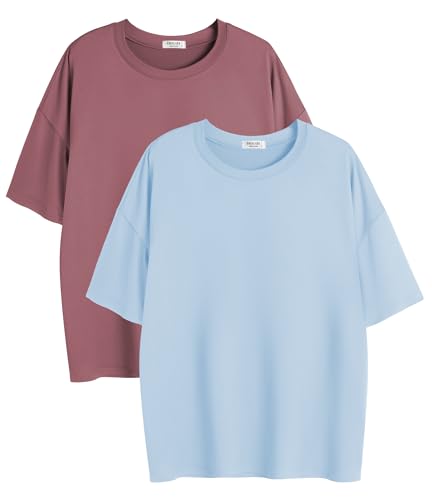 Image of Ekouaer 2 Pack Womens Tops Short Sleeve Oversized T Shirts Summer Spring Tops 2025 Basic Casual Tee Top S-XXL