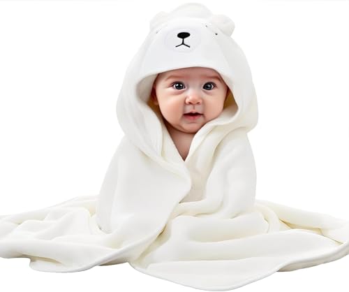 Wnzdp Baby Towel 80x80cm Baby Towels Newborn with Hood Soft and Absorbent Animal Bear Design Large Baby Bath Towel for Boys and Girls Infant (White)