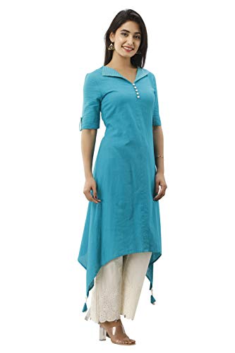 Image of FABRIC FITOOR Women's Cotton Slub Solid Teal Blue Color Embroidered Asymmetric Half Sleeve Kurta