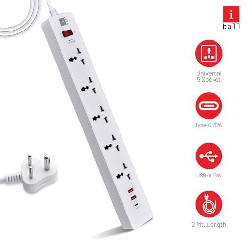 Image of iBall GUARD-5QC 5-Socket Surge Protector with PD20W+2 USB Port for Charging, TF MOV+500 Joules, Auto-Reset Switch, 2M ISI Certified Cable, 100% Copper Conductor, 2500W Load Capacity, 3 Years Warranty