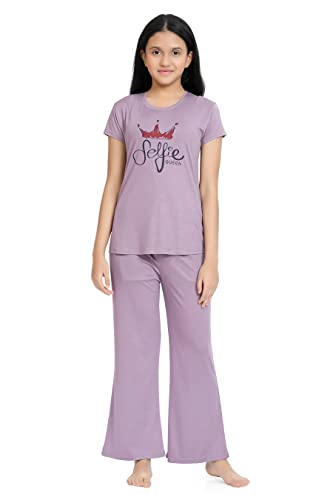 Image of Kids Night Suit for Girls - Cotton Set of Pyjama & T-Shirt Sleepwear - Lightweight & Comfortable Night Wear for Kids