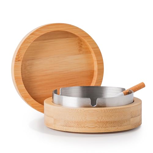 VViN Cendrier frais avec couvercle anti-odeurs et doublure en acier inoxydable, cendrier à cigares pour extérieur ou intérieur, bureau en bambou