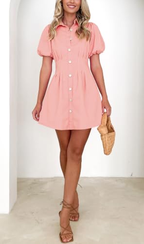 Image of Summer Denim Dress for Women Puff Sleeve Slim Fit Jean Dresses for Women | Puff Sleeve Denim Dress, Collared Button Front, Side Zip, Cinched Waist, Stretch Fabric, A-Line Hem