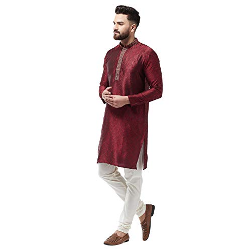 Sojanya (Since 1958 Men'S Silk Blend Maroon Kurta And Off White Churidar Pyjama Set, Size 443