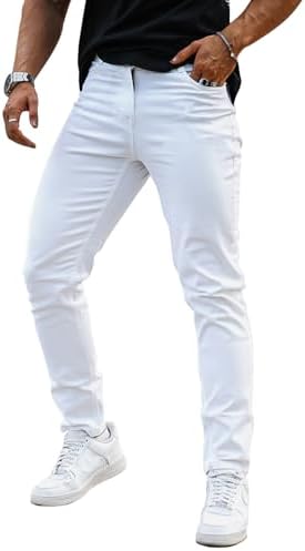 Heyfanee Men's Jeans Slim Fit White Stretch Jean Pants for Men Slim Leg 32W 30L