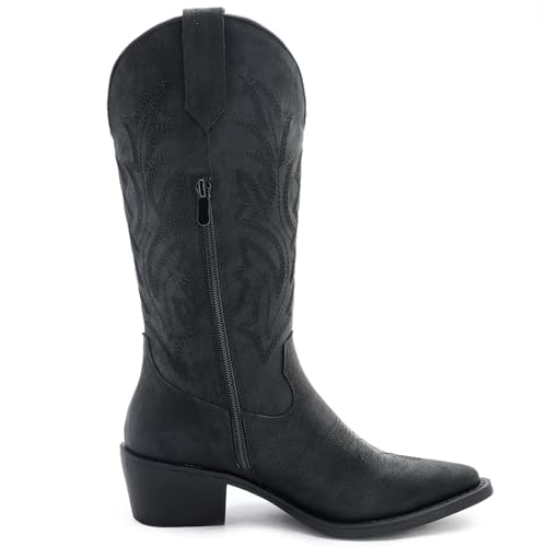 Image of GLOBALWIN Women's Mid Calf Western Cowboy Boots Cowgirl Boots for Women with Floral Embroidery Side Zipper Chunky Heel
