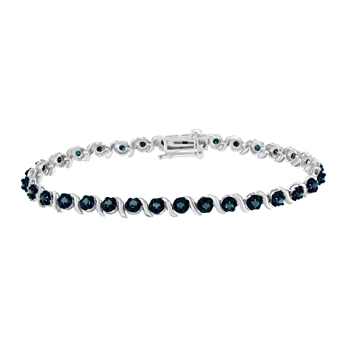 Original Classics .925 Sterling Silver 1.0 Cttw Diamond Spiral Wave Curved-Link 7" Tennis Bracelet (Enhanced Blue Color, I1-I2 Clarity)