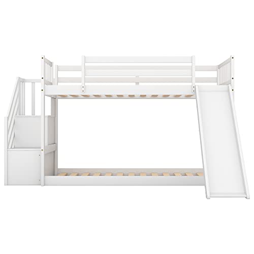 Image of Bellemave Bunk beds Twin Over Twin Size Slide and Stair Storage, Floor bunk Bed,White
