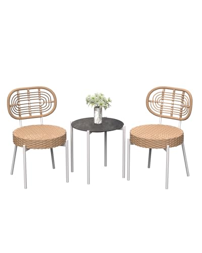 GarveeLife 3 Piece Wicker Patio Bistro Furniture Set, Outdoor Dining Chairs, Includes 2 Rattan Chairs and Tempered Glass