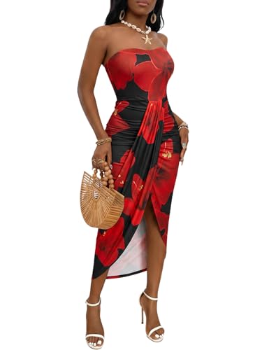Image of Umenlele Women's Strapless Ruched High Waist Wrap Split Asymmetrical Beach Maxi Long Dress