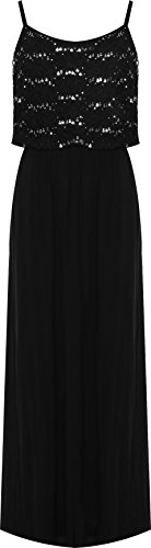 WearAll - Damen Übergröße Riemchen Geschichtet Blumen- Spitze Sequin Druck Maxi Kleid Damen Voll Länge - Schwarz - 50-52