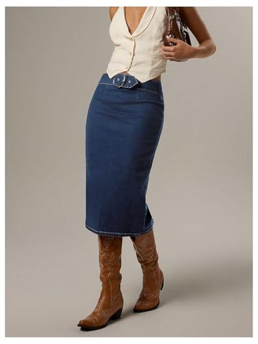 Milumia Women's Grommet Eyelet Low Waisted Bodycon Jean Skirt Slit Hem Stretchy Midi Denim Skirts4