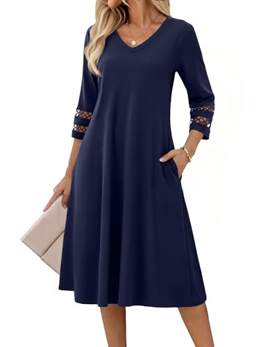 Zeagoo Kleid Damen Sommer A Linien Tunikakleid Elegant 3/4 Ärmel Sommerkleid Spitzenärmeln Midikleid V-Ausschnitt Blusenkleid Navyblau XL