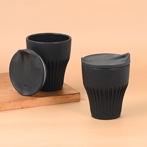 Image of Eha Earth Friendly Rafter Coffee Mug with Lid | Tea Cup Set | 300 ml | Made with Rice Husk | Microwave Safe Mugs for Gifting | 2 Unit | Charcoal