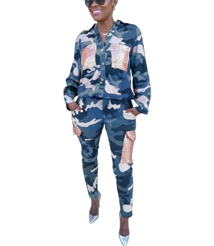 THLAI 2 Piece Set for Women Camo Button Down Shirt