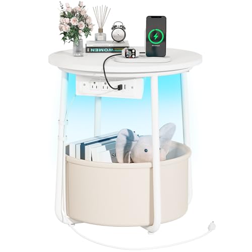 Image of Yoobure Small Side Table, LED Night Stand with Charger Station, Round End Table, Basket Storage for Living Room or Bedroom, Modern Accent Nightstand for Small Spaces, 17.7" x 17.7" x 19.3", White
