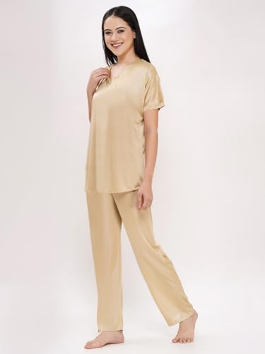 Image of Romaisa Women's Golden Satin Night Suit Set for Women - Stylish Pajama Set Sleepwear Lounge Wear Comfortable Nightwear