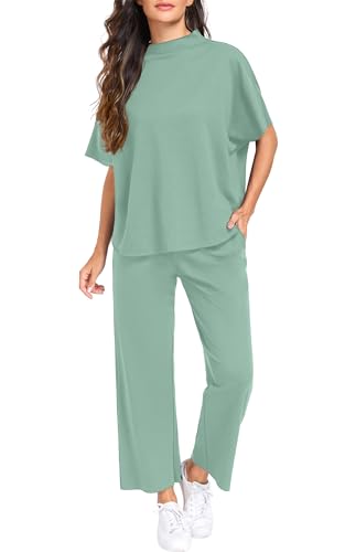 PrinStory Womens Lounge Set Summer 2 Piece Outfits Pullover Top and Wide Leg Pants Matching Sets 2026 Turquoise-M — view 4