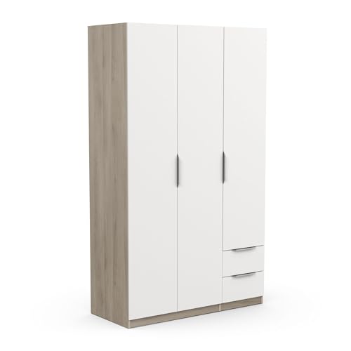 Demeyere 391382 Armadio Guardaroba Moderno con 3 Ante e 2 Cassetti 4 Nicchie, Colore Rovere Kronberg e Bianco Opaco, 119.4 x 51.1 x 203 cm, Legno Ingegnerizzato, Grigio