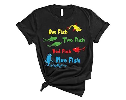 One Two Red Blue Fish T-Shirt, Book Character Design, Kids Birthday Party Outfit, Reading Day Shirt, Gift for Book Lovers, Comfy Cotton T-Shirt (BLACK, 2T)