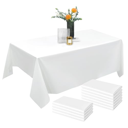 Mantel desechable blanco, 10 unidades, mantel de plástico, 137 x 274 cm, mantel rectangular de alta calidad, mantel de jardín, resistente al agua, para cumpleaños, bodas, fiestas, barbacoas, picnics