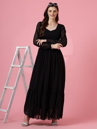 Image of Sheetal Associates Women's Fit and Flare Solid Georgette Regular Sleeves Casual Dress