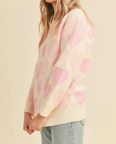 Image of Women Heart Print Knit Pullover Sweater Long Sleeve Round Neck Love Pattern Sweaters Trendy Valentine Knitted Sweater