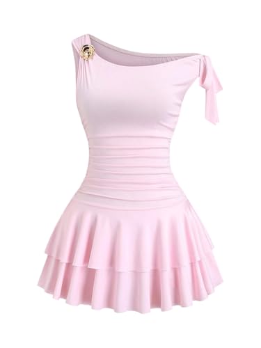 Floerns Womens Mini Dress Off The Shoulder Metal Floral Sleeveless Layered Hem Going Out Dresses Light Pink Medium