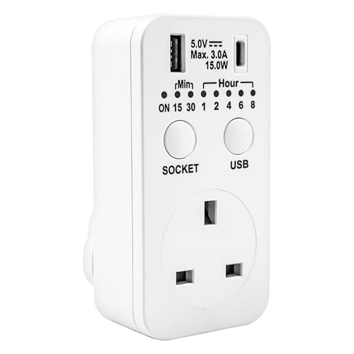 Uni-Com Countdown Plug-in Timer, UK 3 Pin Plug, USB-A & USB-C Sockets, Energy Saving, 7 Timer options for Operating Home Appliances & Electrical Devices, White