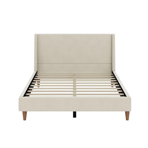 Image of Merax Velvet Queen Size Bed Frame with Wingback Headboard, Solid Wood Upholstered Platform with Round Legs, No Box Spring Needed, Beige