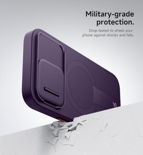 Image of SURITCH for iPhone 15 Pro Case with Magnetic Camera Slide Cover and Adjustable Kickstand, Compatible with MagSafe, Shockproof Bumper Case Slim Protective Cover 6.1 Inch, Dark Purple