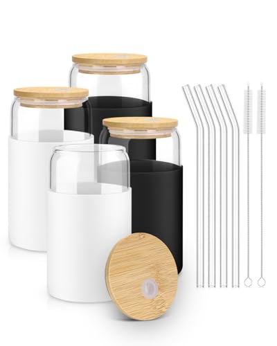 Image of sungwoo Glass Cups with Lids and Straws, 4 Pack 16OZ Iced Coffee Cups with Silicone Sleeve, Glass Tumbler with Straw and Bamboo Lid, Home Essential Drinking Set for Juice, Cocktail and Tea Black&White