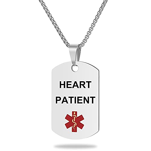 UNICGIFT Medical Alert ID Necklace, Laser Engraved Heart Patient, Stainless Steel Tag Pendant with 23.6 inch Chain for Men Women Emergency First Aid