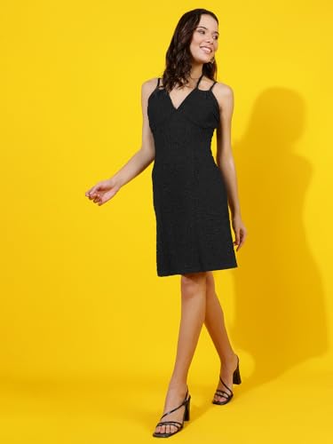 Kotty Women's Solid Knee Length Dress(Black,S)