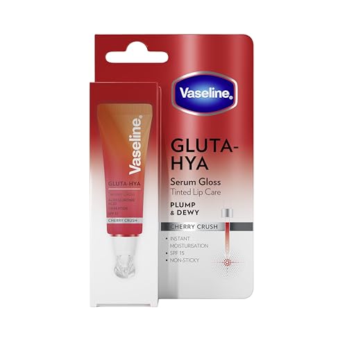 Vaseline Sérum Labial Gluta-Hya Cherry Crush 10ml. Con ácido hialurónico, tripéptido, tecnología Glutaglow y SPF15. Color, volumen y protección. Hidratación al instante y acabado gloss no pegajoso.