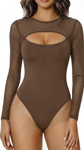 Sukiglam Body Mujer Manga Larga Cuello Alto Sexy Bodis de Malla Transparente con Cut Out Elegante Bodysuit Tops Casual Mono Camiseta Básico Jumpsuit Blusa Ajustado Body Vestir de Fiesta Clubwear