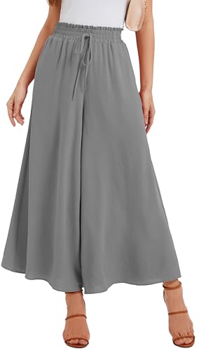 WUWUSKY Jupe Culotte Femme Pantalon Large Taille Haute Pantalon d'Été Léger Infroissable de Plage avec 2 Poches pour Quotidien et Soirée, 01 Gris Clair, XL