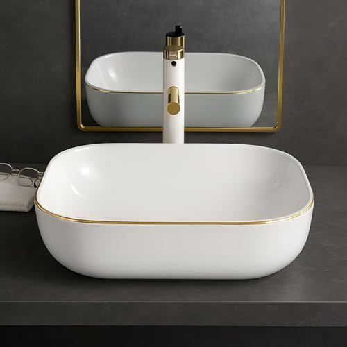 Image of OSOSAM Premium Designer Table Top Ceramic Wash Basin /Vessel Sink with Slim Rim for Bathroom (18 x 13 x 5.5 Inch) (White Glossy Finish)