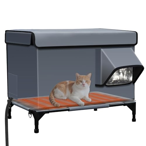 Heated Outdoor Cat House with Heating Pad for Winter Weatherproof Waterproof Insulated Dual EscapeDoors Chewproof Cable Small Pets Shelter for Outside Feral/Stray Cats (Yard Garage Barn Porch)
