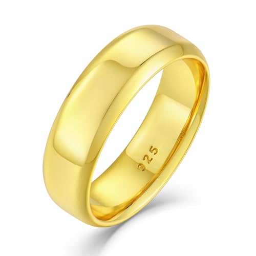 STARCHENIE 18K Gold Plated Wedding Band Solid 925 Sterling Silver Ring for Men High Polish Finish Beveled Edge Size 10