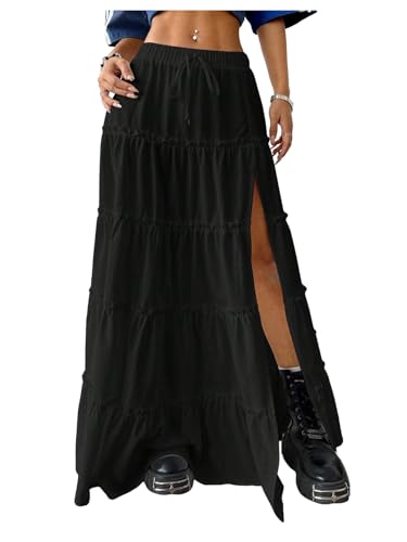 Women's Boho Skirt Flowy Flared Ruffle Long Maxi Skirts Tie Front Elastic Waist Split Thigh A Line Skirts
