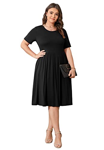 Image of POSESHE Womens Plus Size Summer Dress 2026 Casual Short Sleeve Empire Waist Loose Fit Swing T-Shirt Dress with Pockets