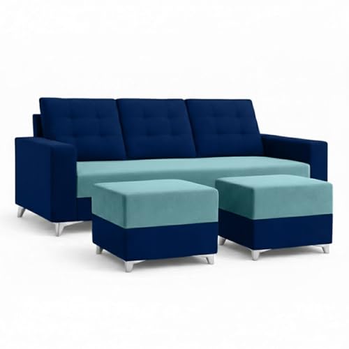 Image of Hakuna Dual Tone Plush Velvet 3 Seater + 2 Seater Sofa Set with 2 Ottoman | Silken Velvet Suede Upholstery | Designer Sofa for Living Room & Office Spaces (Dark Blue & Sky Blue)