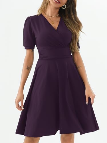Image of Women's Summer Casual Dress Short Sleeve Wrap V-Neck A-Line Dress Sundress Wedding Guest Cocktail Midi Dresses