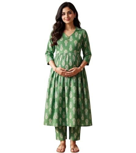 Image of DUMMY SHAPE Maternity Dresses for Women Cotton | Floral Kurta Pant Dupatta Set with Nursing Zippers, Side Pocket | Pre & Post Pregnancy | Feeding Kurti Suit | Baby Shower | Gifts for Pregnant Woman