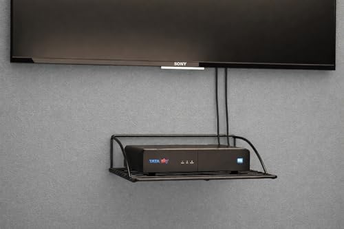 Image of Premium Stainless Steel Setup Box Stand, Black WiFi Router Holder Steel Wall Shelves, Setup Box for Home, Stylish TV Cabinet Living Room FurnitureWall Shelf Rack, Router Wall Mount (Black-1)