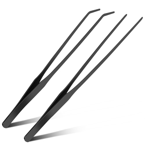 2pc-10.6Aquarium Tweezers Stainless Steel Straight and Curved Tweezers Set Long Handle Reptile Feeding Tongs for Lizards Bearded Dragon Snake Tank Accessories (Black)