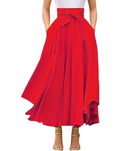 chouyatou Women's Elegant High Waisted Side Slit Irregular Bohemian Maxi Skirt with Pockets (Medium, Red)