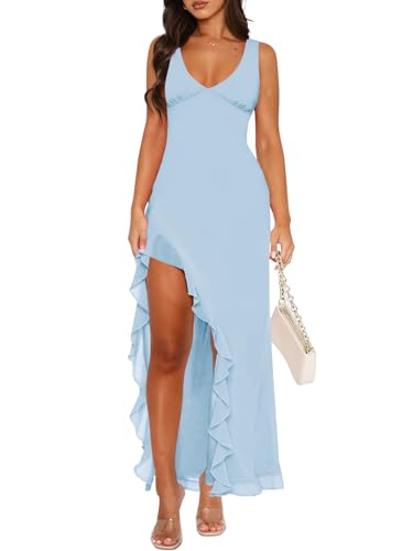 MIYIEONZ Women Sexy V Neck Sleeveless Mesh Ruffle Hem Bodycon Maxi Dress Casual Small Light Blue Y2K Backless High Slit Cocktail Party Club Dress